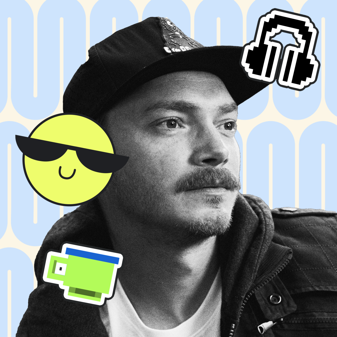 Cafe Chill host with headphone, sunglasses emoji, and coffee cup icons