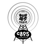 An image of a radio tower with the logo for "Sub 49 Radio" in a bold circle at the top of the tower and the logo for c895 at the bottom.