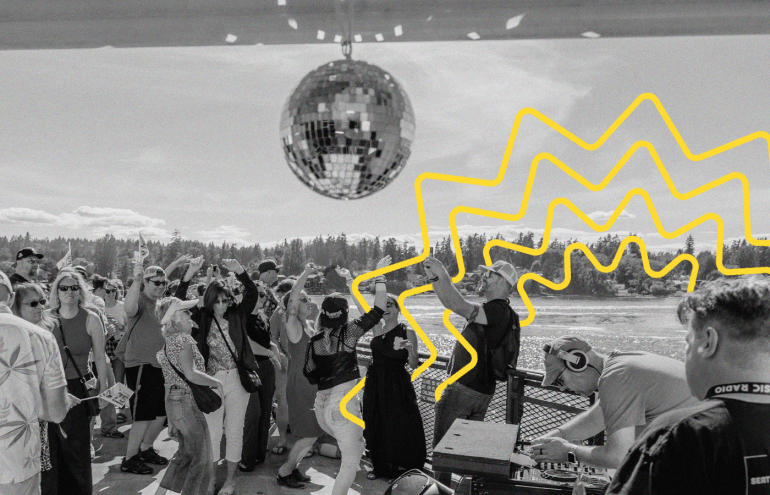 A group of people dancing on a boat with a DJ playing music. A disco ball hangs overhead, and wavy yellow lines are drawn over the image, adding a dynamic effect. The background shows a body of water and trees.