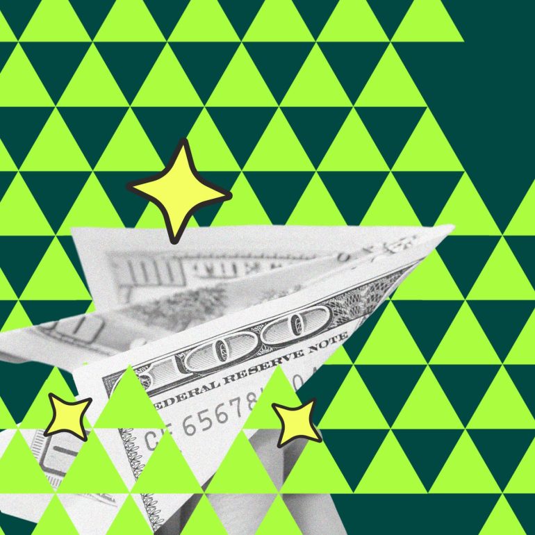 A folded U.S. hundred-dollar bill shaped like a paper airplane is set against a background of green and dark green triangles. Yellow star-like shapes accent the image.