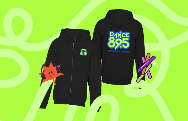 Two black zip-up hoodies are displayed with "Dance 89.5 Seattle's Party Radio" printed on the back. The front features a small green logo. The background is bright green with stylized graphics of a smiling star wearing headphones and colorful glow sticks.